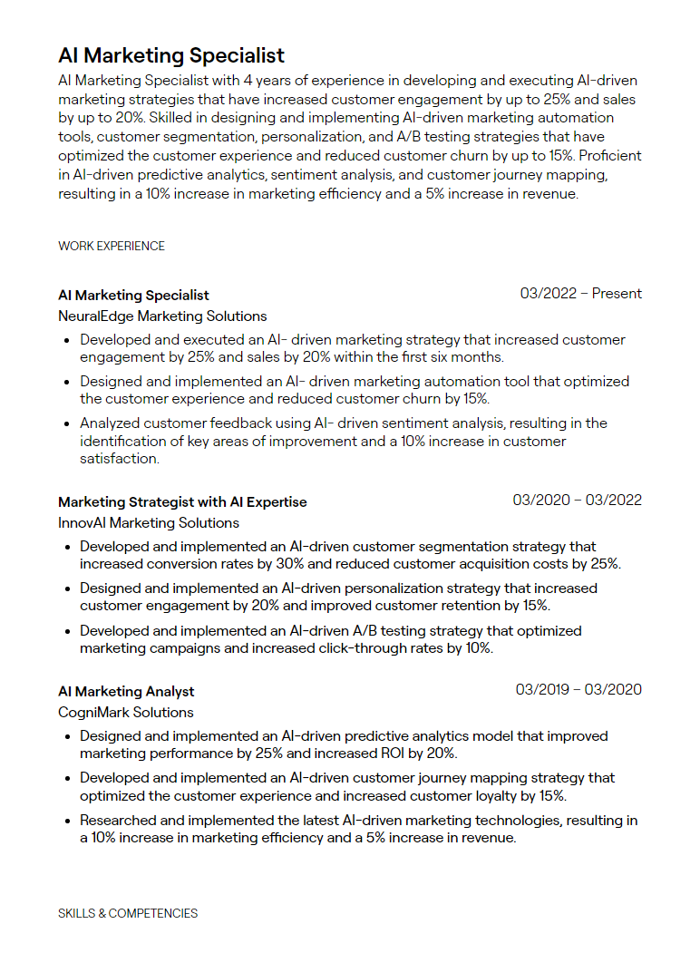 1+ AI Marketing Specialist Resume Examples [with Guidance]